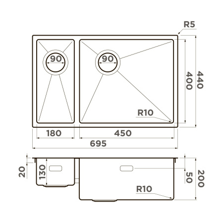 Мойка кухонная Omoikiri TAKI 69-2-U/IF SIDE GB-R 4993183, графит