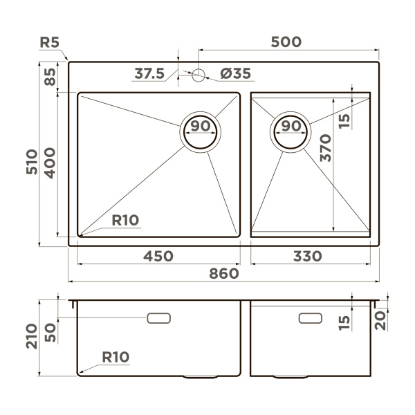 Мойка кухонная Omoikiri Akisame 86-2 Side gb 4997047, графит