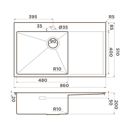 Мойка кухонная Omoikiri AKISAME 86 SIDE GB-L 4997043, графит