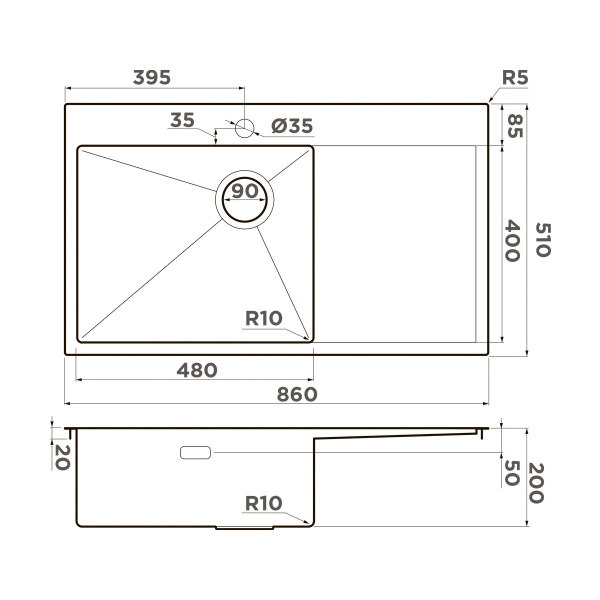 Мойка кухонная Omoikiri AKISAME 86 SIDE GB-L 4997043, графит