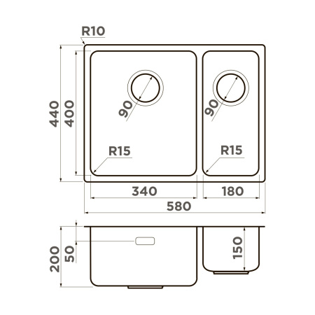 Мойка кухонная Omoikiri Tadzava 58-2-U/I-IN ULTRA 15 IN-L 4997118, нержавеющая сталь