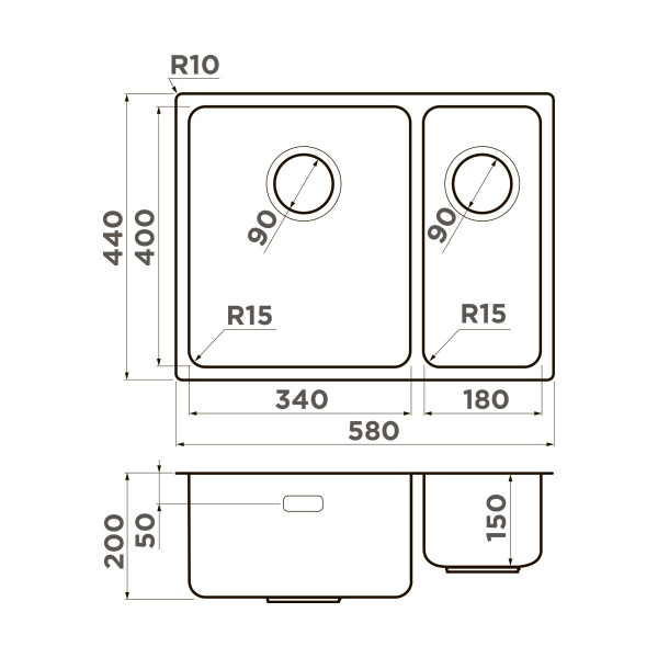 Мойка кухонная Omoikiri Tadzava 58-2-U/I-IN ULTRA 15 IN-L 4997118, нержавеющая сталь